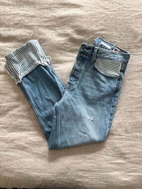 Light Blue Boot Cut Jeans with Striped Cuff